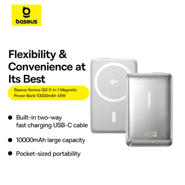 Baseus 10000mAh 45W Nomos Qi2 Kickstand Magnetic Power Bank with Built-in USB-C Cable - Image 9