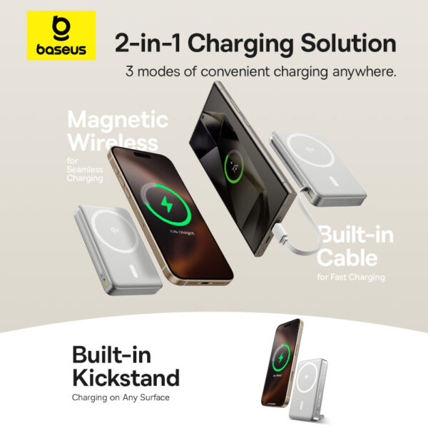 Baseus 10000mAh 45W Nomos Qi2 Kickstand Magnetic Power Bank with Built-in USB-C Cable - Image 10
