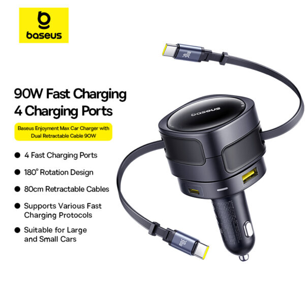 Baseus Enjoyment Max Car Charger C+L Cables & U+C Ports 90W Cosmic Black - Image 17
