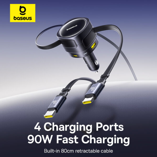Baseus Enjoyment Max Car Charger C+L Cables & U+C Ports 90W Cosmic Black - Image 15
