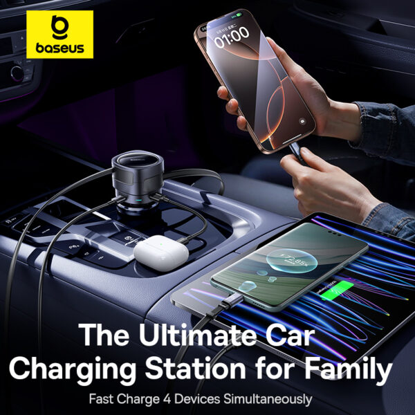 Baseus Enjoyment Max Car Charger C+L Cables & U+C Ports 90W Cosmic Black - Image 12