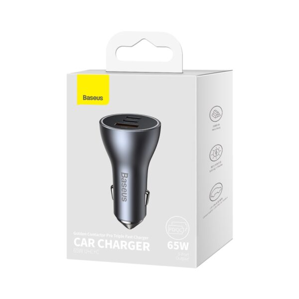 Baseus Golden Contactor Pro Triple Fast Charger Car Charger 65W U+C+C Dark Gray - Image 17