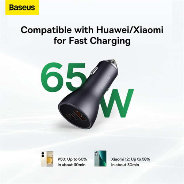 Baseus Golden Contactor Pro Triple Fast Charger Car Charger 65W U+C+C Dark Gray - Image 10