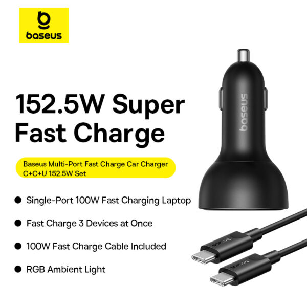 Baseus Multi-Port Fast Charge Car Charger C+C+U 152.5W Set Cluster Black - Image 17