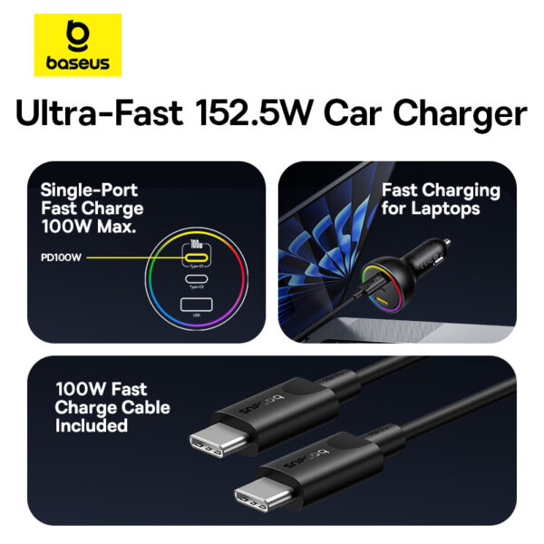 Baseus Multi-Port Fast Charge Car Charger C+C+U 152.5W Set Cluster Black - Image 14