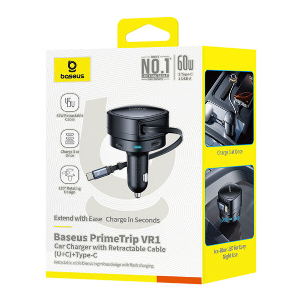 Baseus PrimeTrip VR1 Car Charger with Retractable Cable (U+C)+Type-C 60W Cosmic Black - Image 13