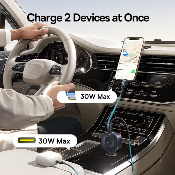 Baseus PrimeTrip VR2 Car Charger with Retractable Cable C+C 30W Cosmic Black - Image 3
