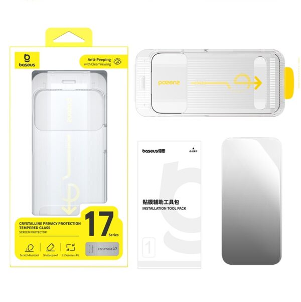 Baseus iPhone 17 Pro Crystalline Privacy Protection Tempered Glass Screen Protector for  with Dustproof Installation Tray Clear - Image 3