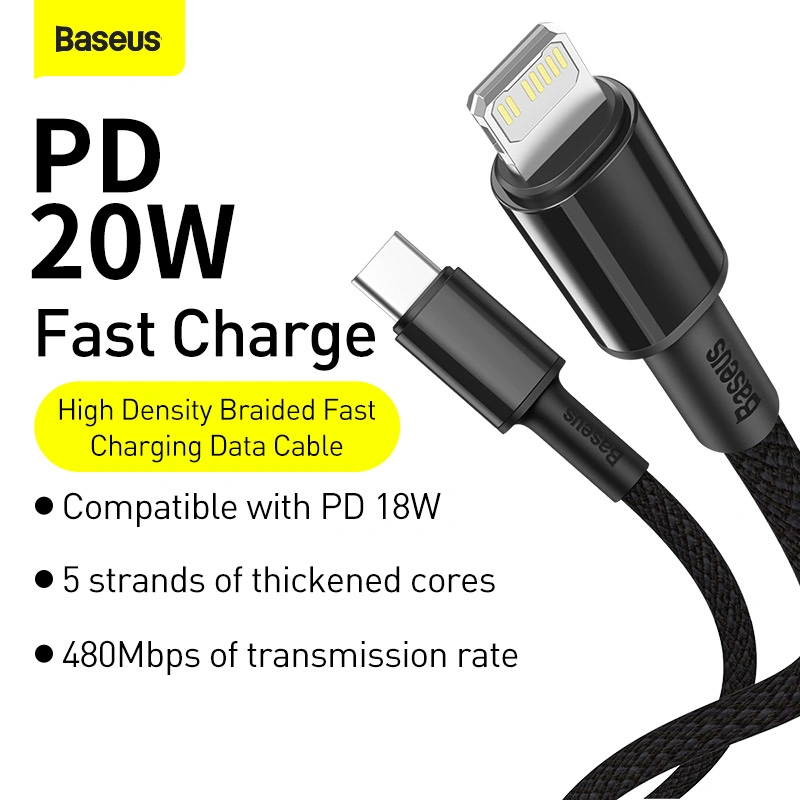 Baseus 1Meter 20W High Density Braided Fast Charging Data Type-C to Lightning PD Cable Black - Image 2