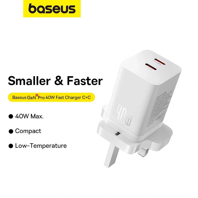 Baseus 40W GaN5 Pro Dual Type-C Fast Charger UK Plug - Moon White - Image 2