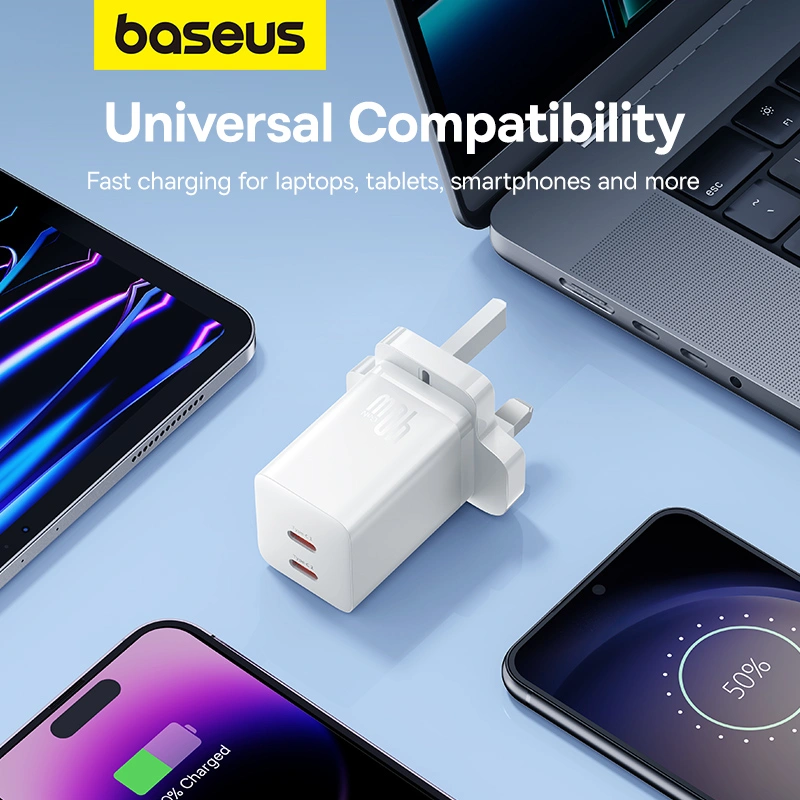 Baseus 40W GaN5 Pro Dual Type-C Fast Charger UK Plug - Moon White - Image 3