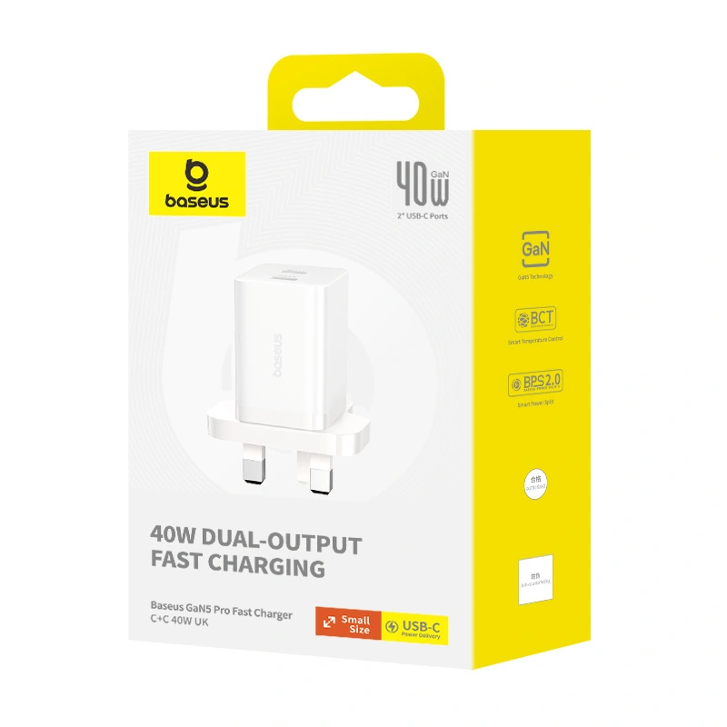 Baseus 40W GaN5 Pro Dual Type-C Fast Charger UK Plug - Moon White - Image 17